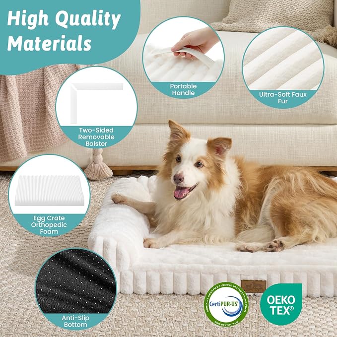 COZY KISS Faux Rabbit Fur Small Dog Bed – 30"x20" Orthopedic Foam Couch with Sides, Removable Washable Cover & Waterproof Lining, Cream