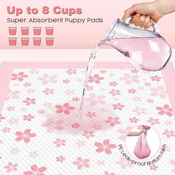 MIZOK Puppy Pads 22x22in Pee Pads for Dogs with Cherry Blossom Pattern 6 Layer Super Absorbent for Up to 4 Cups Dog Pee Pads Leak-Proof Dog Pads for Small Dogs, Puppies, Doggie (28x34in | 40Ct-Pink)