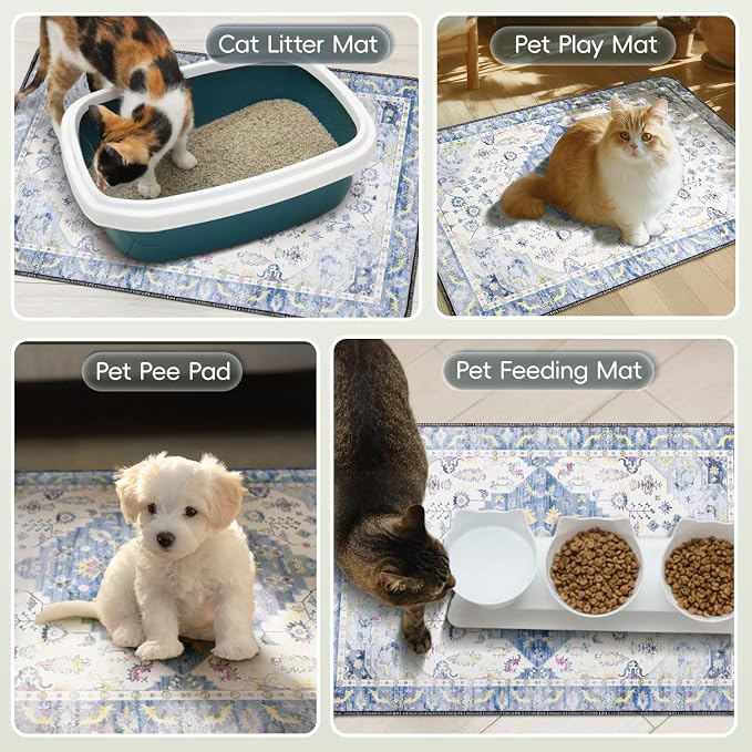 Cat Litter Mat Litter Trapping Mat, 35"x23" Waterproof Urine Proof Litter Box Mat Catcher Mat Non-Slip Washable for Kitty Kitten, Blue
