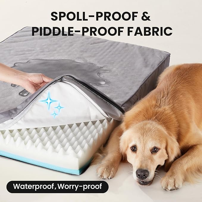 OhGeni Orthopedic Waterproof Dog Bed for Large Dogs, Machine-Washable Removable Cover in Easy-Clean Fabric, Reversible Memory Foam & Easy-Carry Handle, Wider and Larger, 44 inch (Gray)