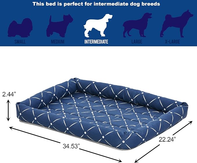 MidWest Homes for Pets 40236-BLD Quiet Time Couture Ashton Bolster Pet Bed, Intermediate Dog/36, Blue, Blue & White Diamond Pattern