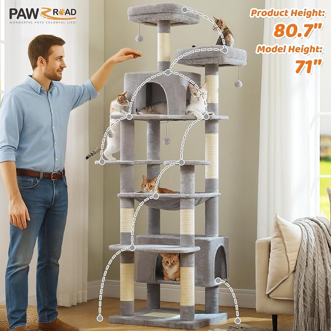 PAWZ Road XXL 81" Cat Tree Large Cats with Big Condos,Perches Sisal Posts | 20"x16" hammock for adult cats, tall cat tower with 7 scratching posts, dual perch and large condo for big maine cats