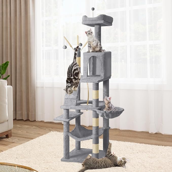 YITAHOME 64.5" Cat Tree, Multi-Level Cat Tower | Large Cat Condo Furniture with Perch Hammock, Scratching Posts and Dangling Balls, Light Gray