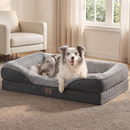EHEYCIGA Orthopedic XL Dog Bed for Large Sized Dog, 42x30 Inch Extra Large Memory Foam Dog Couch Bed with Sides, Waterproof Liner & Washable Removable Cover, Bolster Pet Sofa, Grey