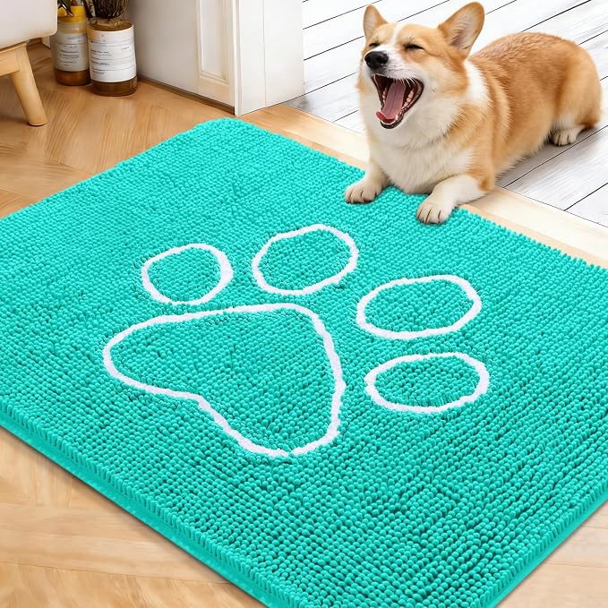 OLANLY Dog Door Mat for Muddy Paws 40x32, Paw Print Design Chenille Mud Mat | Teal, Super Absorbent, Traps Moisture and Dirt, Non-Slip Washable Doormat, Quick-Drying Indoor Entryway Floor Carpet for Dogs