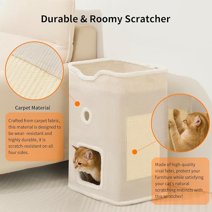 Cat House, Cat Beds for Indoor Cats, 2-Story Cat Condo Cube | Cat Bed Cave with Scratch Pad and Fluffy Ball Hanging, Multi-Level Cozy Hideout Center Ideal for Small/Medium Cats
