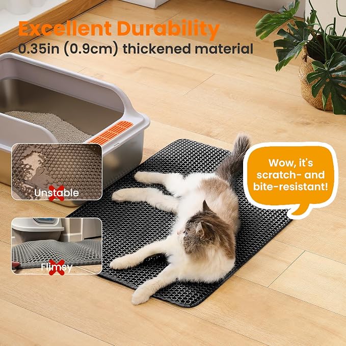 Extra Large Cat Litter Mat, Double Layer Honeycomb Design | 30x22”, Reduces Litter Tracking, Easy to Clean, Waterproof, Non-Slip, Soft on Paws, Scratch Resistant, Black, XL