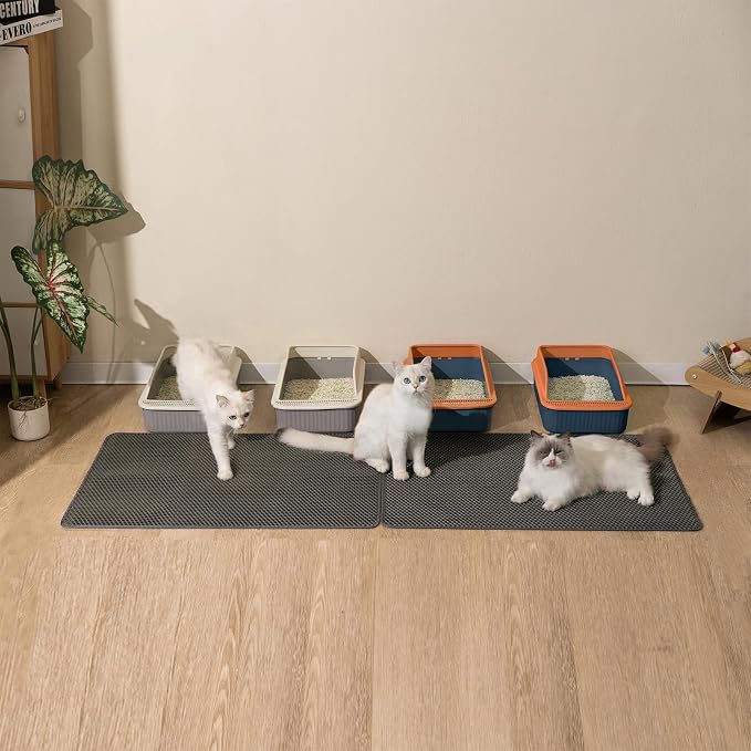 Litter Box Mat, 25x35in 2-Pack, Cat Litter Trapping Mat for Litter Boxes | 2-Layer Honeycomb Litter Catching Mat, BPA-Free, Waterproof & Urine-Proof Cat Mats, Less Mess, Easy Lift & Pour, Gray