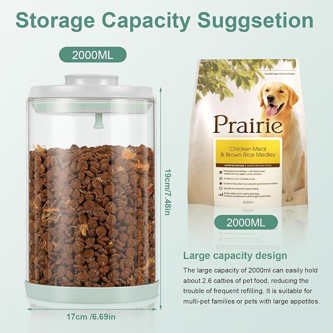 Dog-Cat Food Storage Container, 2 L Airtight Glass Treat Jar | 2 L/2.2 qt borosilicate glass jar with one-push airtight lid; BPA-free, removable lid for cleaning; for kibble and treats.