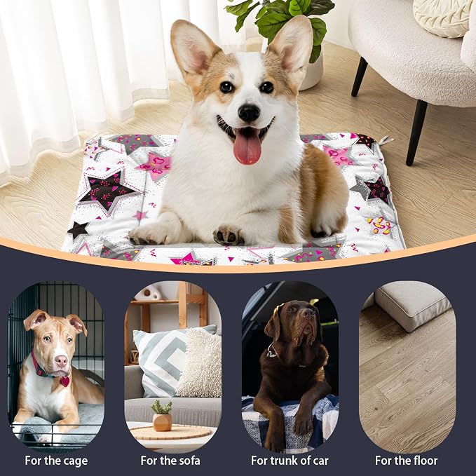 HOSIMA Star Pattern Pet Bed Mat,Fuzzy Washable Pet Crate Pad,Soft Cozy Dog Sleeping Mat,Plush Pad Suitable for Large Fluffy Dog Bed,42L*32W Inch,White.