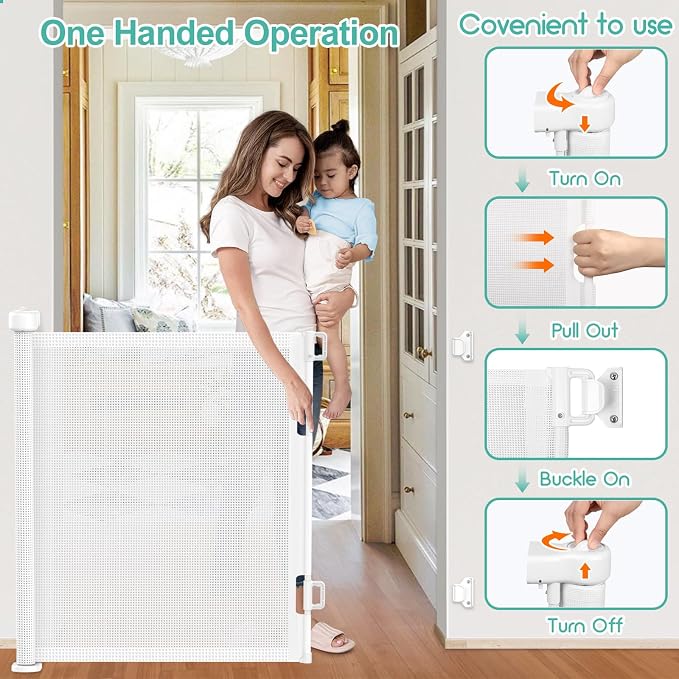 Upgrade 180 inch Retractable Baby Gates, EZIGO Extra Wide Baby Gate for Large Opening Extra Long Mesh Gate for Kids or Pet Dog Gate Child Safety Gate for Stairs Hallways Doorway Indoor Outdoor, White