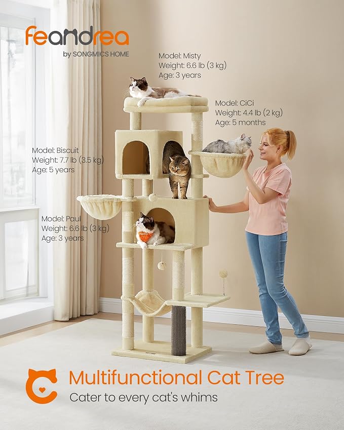 Feandrea Cat Tree, 69-Inch Tall Cat Tower, Multi-Level Plush Condo with 2 Caves, 2 Baskets, 5 Scratching Posts, Self-Groomer, Perch, Hammock, Sand Beige UPCT182Y01