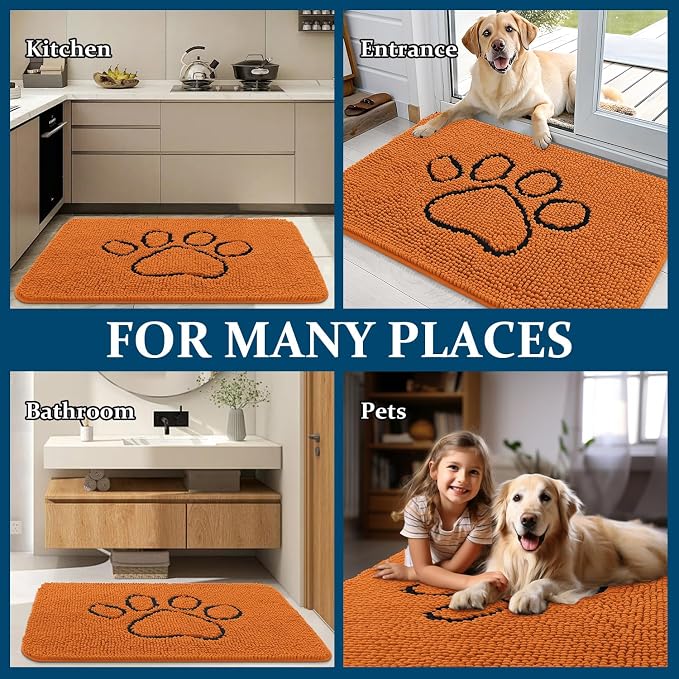 OLANLY Dog Door Mat for Muddy Paws 36x24, Paw Print Design Chenille Mud Mat | Clay, Super Absorbent, Traps Moisture and Dirt, Non-Slip Washable Doormat, Quick-Drying Indoor Entryway Floor Carpet for Dogs