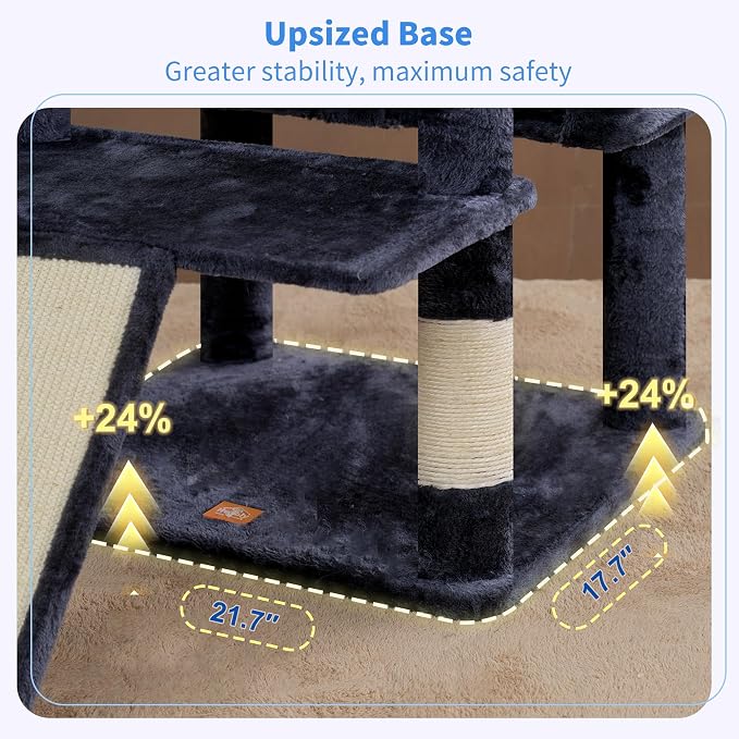 Heybly Tall Cat Tree for Large Cat, 80-inch Multi-Level Cat Tower HCT038G | Condo Furniture for Indoor Cats with Large Baseboard, 2 Widened Plush Perches, Scratching Board, Big Caves, Smoky Gray