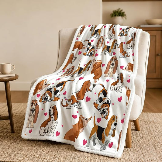 BlessLiving 50x60 Sherpa Fleece Throw Blanket, Basset Hound | sherpa fleece. basset hound print; for couch, bed, or sofa.