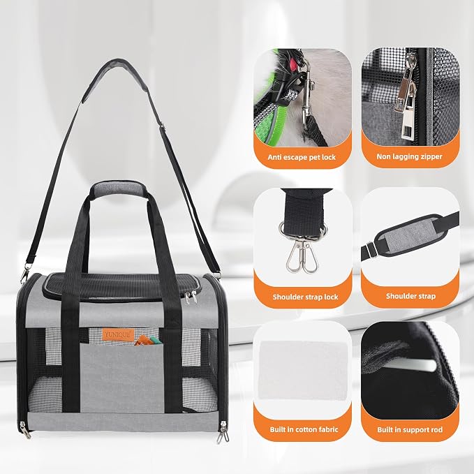 YUNIQUE Soft-Sided Cat & Dog Carrier for Pets Up to 15 Lbs, Airline Approved Collapsible Travel Puppy Carrier with Lightweight Fabric Design (Grey)