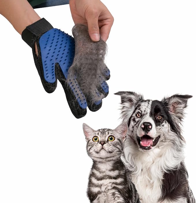 3-PCS Pet Grooming Set – 255-Tip Deshedding Gloves for Dogs & Cats, Gentle Massage Mitt & Hair Remover Brush (Left & Right Hand) + Electrostatic Pet Hair Remover Glove for Furniture & Clothes