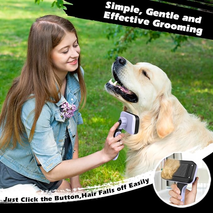 Professional 3PCS Self Cleaning Slicker Brush & Pet Grooming Rake & Flea Comb for Dogs,Cats and Horses | Double-Sided Dematting Comb & Skin Friendly Deshedding Grooming Tool (Light Purple)