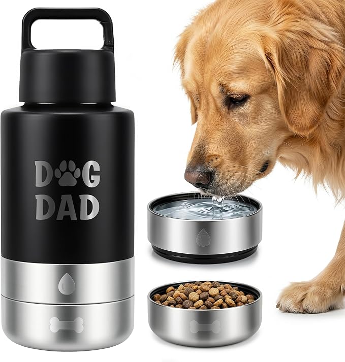 Dog Water Bottle 32oz, Insulated Stainless Steel Travel Water Dispenser with 2 Detachable Dog Bowls for Food and Water, Leak Proof Portable Pet Drinking Cup for Walking Hiking Camping