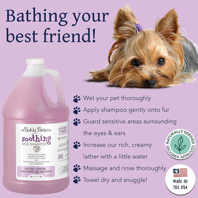 Bobbi Panter Soothing Dog Shampoo Tea Tree, Lavender, Cucumber & Oat Protein – Natural Formula for Sensitive Skin & Irritation Relief, Tear-Free, 30:1 Concentrate, Made in USA, 1 Gallon