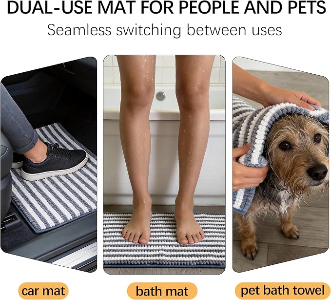 Dog Door Mat for Muddy Paws - Absorbent Quick-Dry Non-Slip Washable Chenille Pet Rug, Indoor Entryway Mat for Front Door & Crate (Blue, 36" L*24" W)