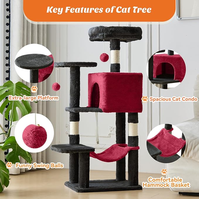 Sweetcrispy 44 Inch Cat Tree Tower for Indoor Cats and Kittens | Multi Level Cat Climbing Tower with Natural Sisal Scratching Posts, Hammock, Pet Condo, Black and Red