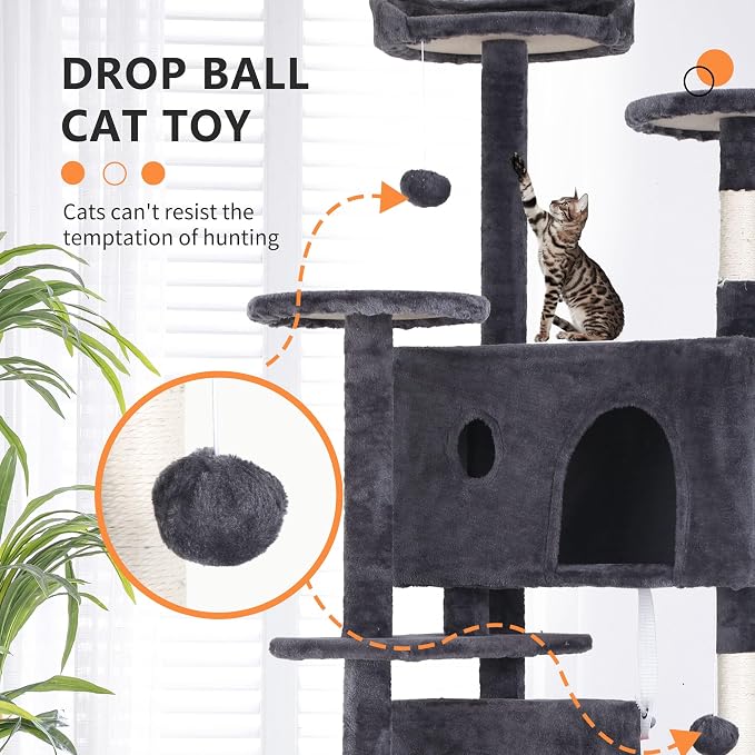 BestPet | 70" Cat Tree Tower | Ashy | Sturdy, Easy to Assemble, Multi-Level Activity Center with Sisal Scratching Posts, Condos, Perches, Hanging Cat Toys, Observation Decks & Ladder