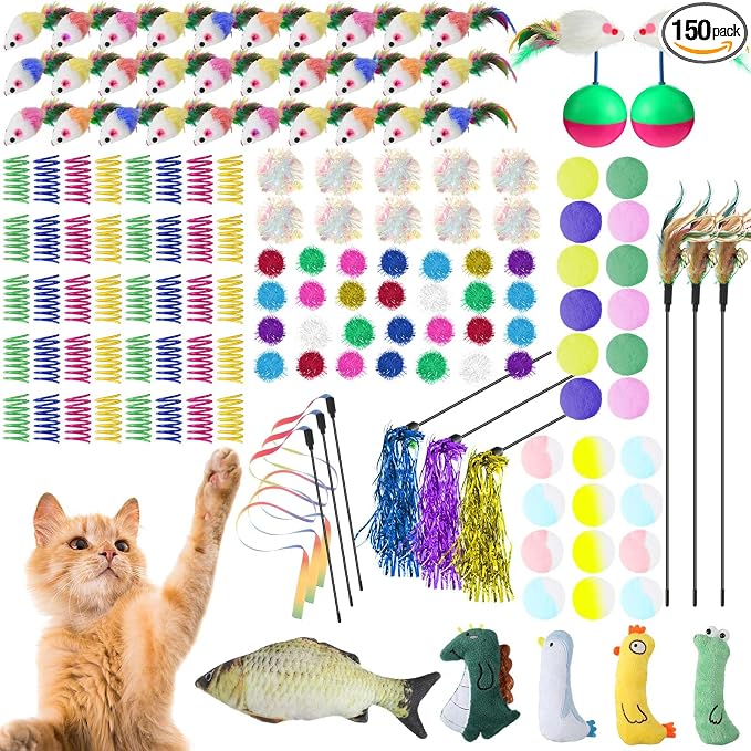 Shappy 150 Pcs Cat Toys for Indoor Cats Bulk, Kitten Toys Pack, Variety Interactive Gift Including Mice Interactive Silent Ball Spring Crinkle Balls Gift for Kitty Kitten Cat