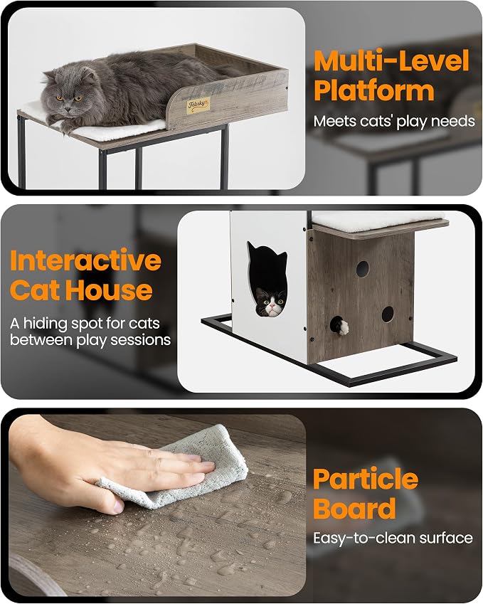 Wood Modern Cat Tree Tower, 84 Inch XL Tall Indoor Large Cat Condo | Heavy Duty XL Stable Wooden Cat Condo House Furniture with Multi-Level Spacious Perch Scratching Board Soft Washable Pads