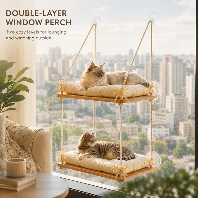 Cat Window Perch Wooden Cat Hammock Double Tier 8 Heavy-Duty Suction Cups | Dual-Tier, 50 LBS, Solid Pine Wood Platform, Washable Cushion, Tool-Free Installation, Space-Saving Comfort