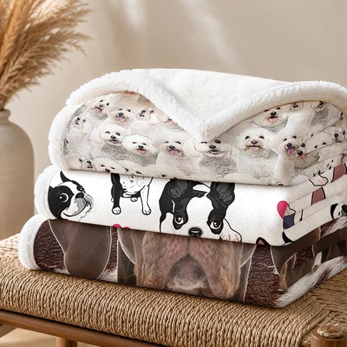 BlessLiving Throw Blanket, White Dog Animal Gift, 50x60 in | sherpa fleece fabric, Bichon Frise Dense Pet Blankets Puppy print, for couch or sofa, pet lovers, easy machine care