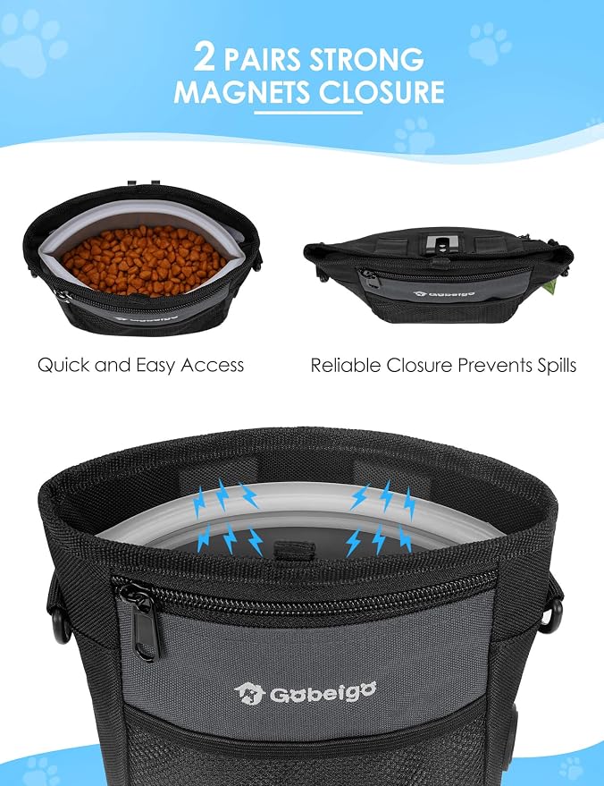 4 Cup Dog Treat Pouch with Silicone Insert Bag& Clicker(Gray) | 2 Pair Magnetic Closures, Belt Clip/Waist Belt/Crossbody Wear, Zipper Pocket Poop Bag Holder for Pet Training/Daily Walking