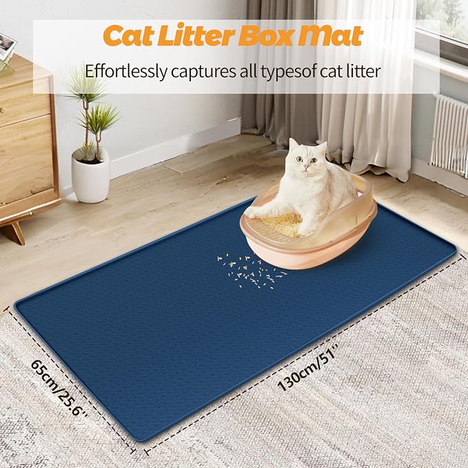 Cat Litter Mat for Litter Box 51"x25.6" Extra Large Silicone Mat, Blue | Waterproof Non-Slip Litter Box Mat with Raised Edges, Cat Litter Trapping Mat for Pet, Cat Litter Rug for Floor