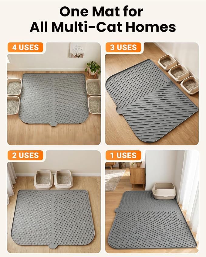 Cat Litter Mat, 47"x37" Extra Large Litter Box Mat, Silicone Mat, Gray | XXL Waterproof Litter Trapping Mat for Scatter Control, Soft on Cat Paws Non-Slip Easy to Clean