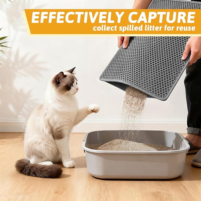 Pieviev Cat Litter Mat, Double-Layer Waterproof Litter Trap, 24" x 15" Gray | Honeycomb Design Catches Scattered Particles to Stop Tracking, Urineproof Base Protects Floors, Easy to Clean