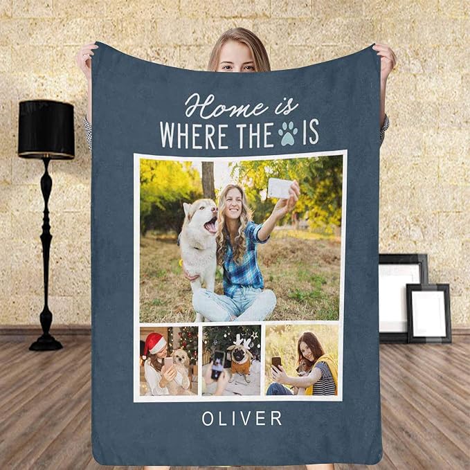 Personalized Throw Blanket Custom Blankets with Photo Name Home is Where The Dog is Soft Fleece Blanket for Lover Friend Family Birthday Wedding Gifts 4 Photos Collage