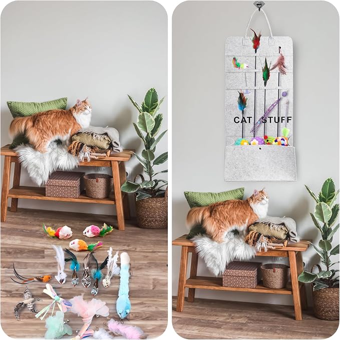 ZAVOOS 2 Pack Cat Wand Toy Storage Bag, Hanging Cat Teaser Holder for Neatly Organization, Durable Feather Pet Toy Organizer Bag with Handle for Indoor Pet Supplies, Feline Safety