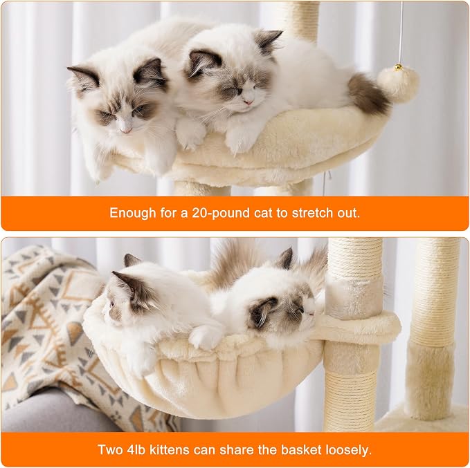 Heybly Cat Tree, 68 inch Multi-Level Cat Tower for Indoor Cats HCT025M | Cat Condo with 2 Widened Plush Perches, 2 Cozy Baskets, Scratching Board and Big Caves, Beige
