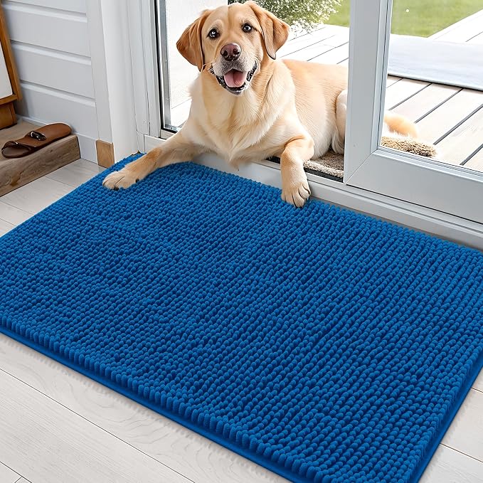 OLANLY Dog Door Mat for Muddy Paws 35x24, Super Absorbent Chenille Mud Mat | Deep Navy Blue, Absorbs Moisture and Dirt, Non-Slip Machine Washable Doormat, Quick-Dry Indoor Entryway Floor Carpet for Dogs