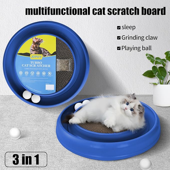 Cat Scratcher Toy Ball Track, Blue | Round Interactive Scratching Board, Exercise Set, Indoor Cats, Adult and Kitten, Mental & Physical Stimulation