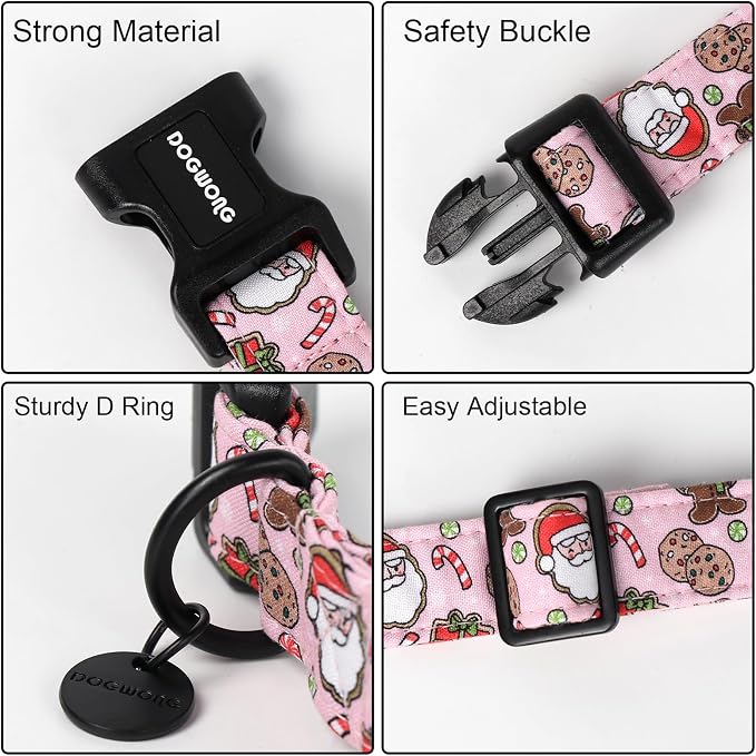 DOGWONG Christmas Cotton Dog Collar, Pink Santa Claus Dog Collar Durable Holiday Pet Dog Collars Cute Puppy Necklace for Small Medium Large Dogs