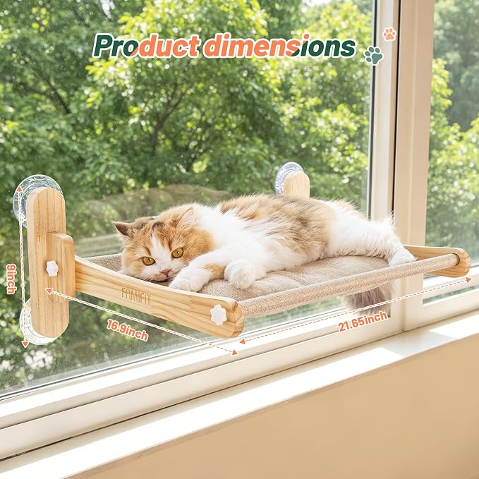 Large Foldable Cat Window Perch - Natural Pine Cat Sill Seat, 50LBS Heavy Duty Cordless Design, Space-Saving No-Scratch Window Hammock for Indoor Cats