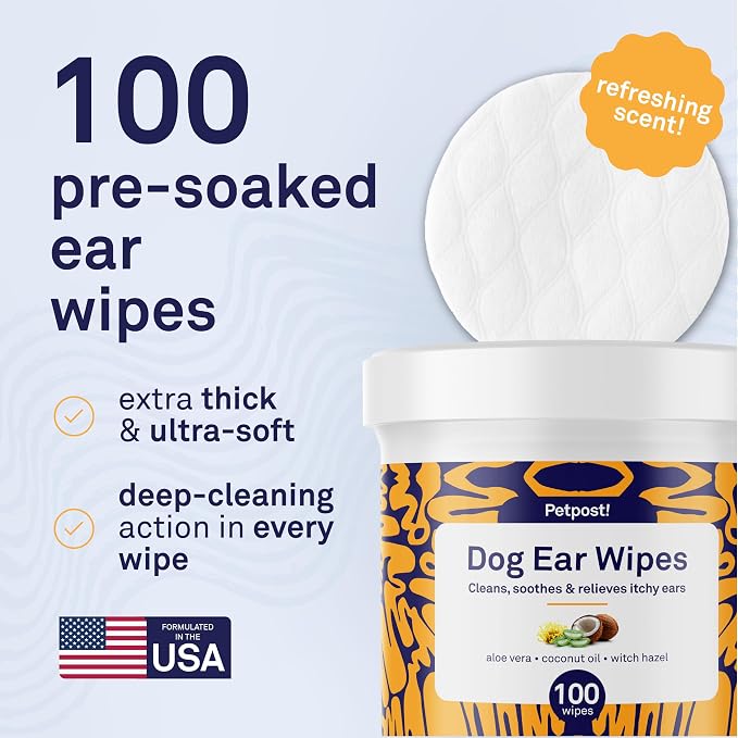 Petpost | Dog Ear Cleaner Wipes - Ultra Soft Cotton Pads in Coconut Oil Aloe Solution - Dog Ear Rinse & Cleanser 100 ct.