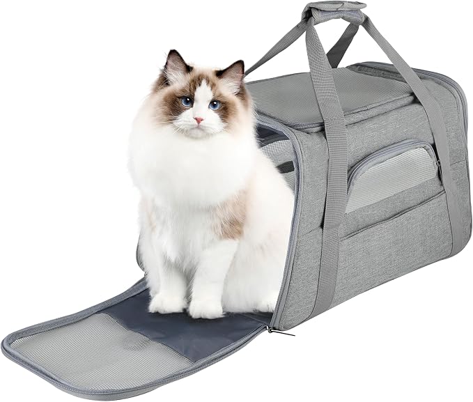 FluffyDream Pet Travel Carrier Soft Sided Portable Bag for Cats, Small Dogs, Kittens or Puppies, Collapsible, Durable, Airline Approved, Travel Friendly (Grey, 17.0" L x 10.0" W x 11.0" H) (Grey)