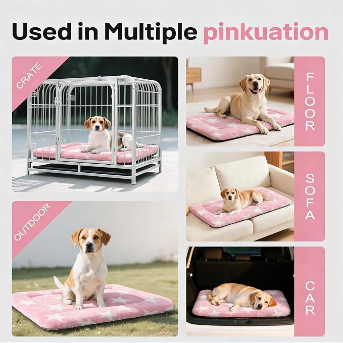 Dog Bed Mat, Reversible Crate Pad & Durable Dog Bed - Machine Washable Kennel Mat with Ultra Soft for Medium Dogs (Big&Small Stars Pink, 30" L*20" W*1.5" Th)