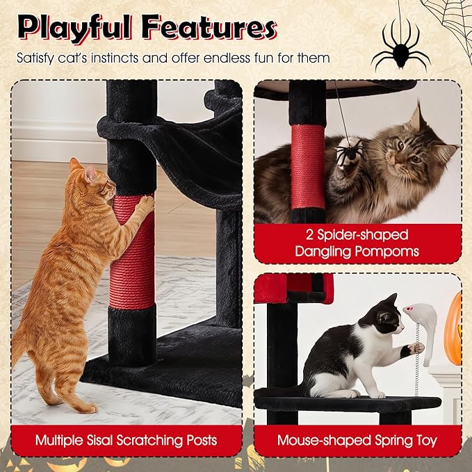 75-inch Gothic Cat Tree, Multi-Level Black Cat Tower | | Robust Scratching Posts | 2 Dual-Entry Comfy Cat Condo | Rotatable Side Baskets Bed | Spider-Shaped Hanging Toy | Hammock |