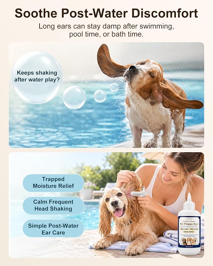 Dog Ear Cleaner Solution with Finger Wipes 8 oz Each 2 Bottles | Dog Ear Wipes For Floppy Ears, Fast Deodorizing Dog Ear Wash After Bath & Swimming Rainy Walk, Unscented Dog Wipes