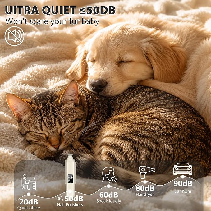 Dog Nail Grinder Quiet, 2-in-1 Paw Pad Trimmer with Light for Pets | 50dB Safe Electric Painless Grooming, 3 Grinding Ports for Paws, Faces, Ears and Body of Small & Medium Cats and Dogs
