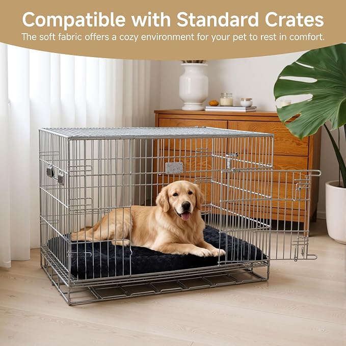 Exsnugy Washable Dog Bed Mat Large Size Fluffy Pet Crate Pad 48x30 XXL | Non-Slip Bottom Kennel Beds Ultra Soft Comfy Sleeping Mattress for Large Medium Small Dogs Black
