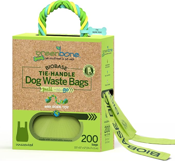 Greenbone Poop Bags for Dogs with Handles Unscented with Bonus Rope Pet Toy, 200 Count on Single Roll, Plant Based